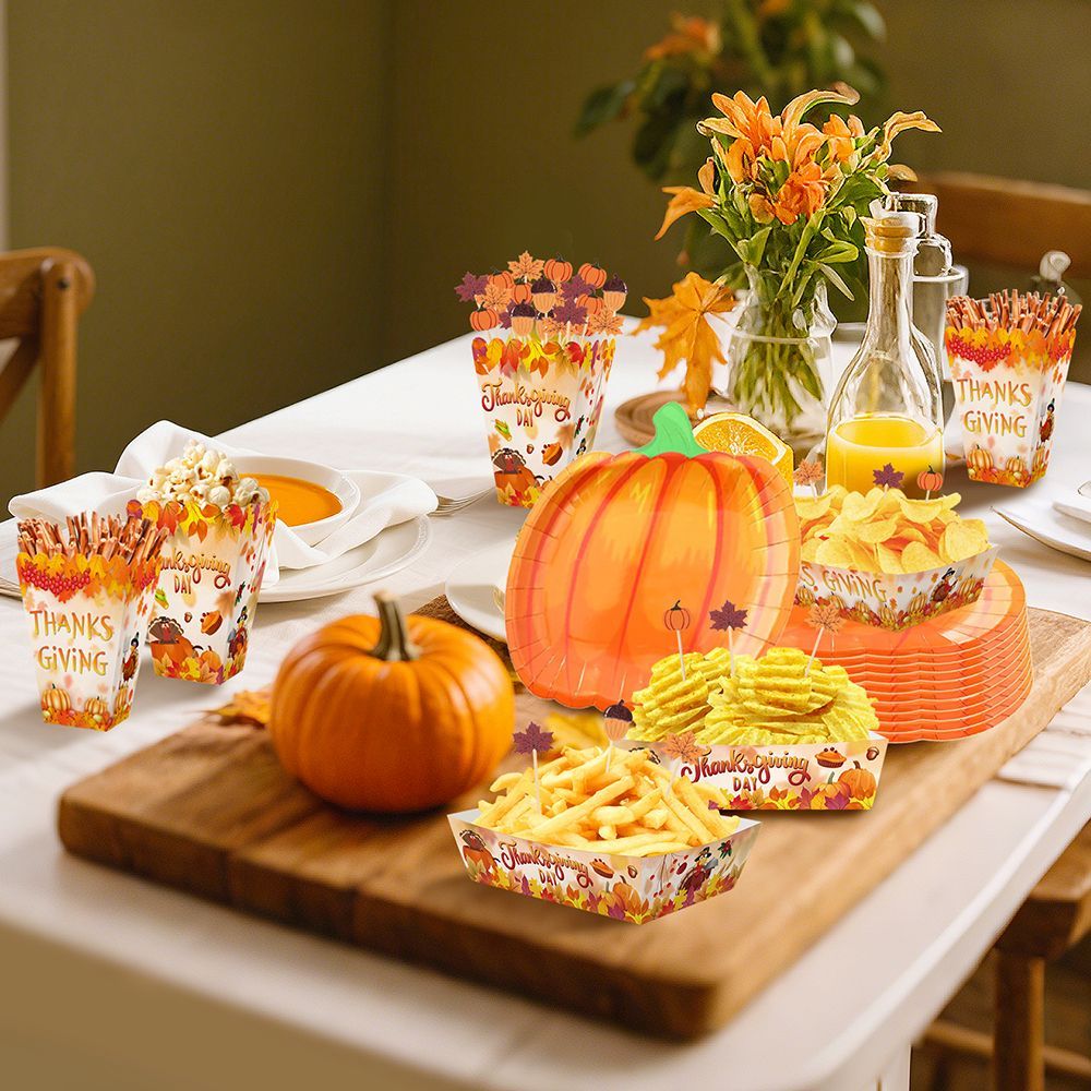 134 Pcs Thanksgiving Party Tableware Set Include Pumpkin Paper Plates Popcorn Boxes Food Trays With Fall Cocktail Picks Disposable Fall Harvest Dinnerware Set For Autumn Holiday Thanksgiving